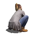 Woman Crouching Hugging Her Friendly Beagle Dog In Gray Cardigan And Jeans