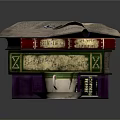Stack of Vintage Books with Open Pages and Coffee Cup on Green Saucer