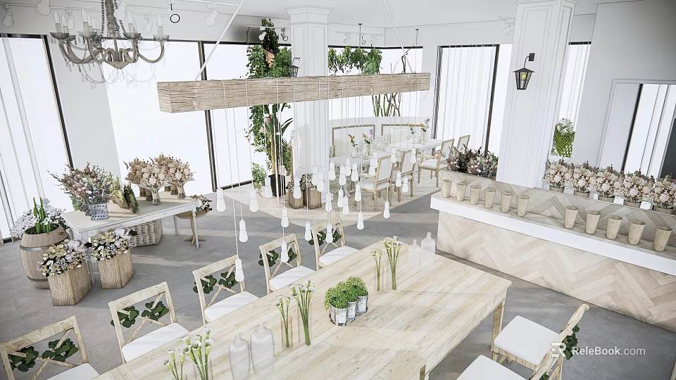 Elegant Restaurant Interior With Wooden Dining Tables White Chairs Green Plants And Chandeliers 3d model 