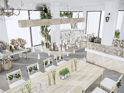 Elegant Restaurant Interior With Wooden Dining Tables White Chairs Green Plants And Chandeliers 3d model