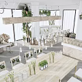 Elegant Restaurant Interior With Wooden Dining Tables White Chairs Green Plants And Chandeliers