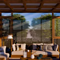 Modern Garden Landscape Design With Glass Conservatory Green Plants Stone Elements And Birds