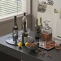 Wine Bottles and Glasses on Black Table with Crystal Decanter Lemon Almonds and Window Blinds