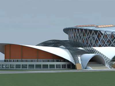 Modern Architectural Structure Featuring Curved White Orange Roof And Geometric Glass Facade 3d model