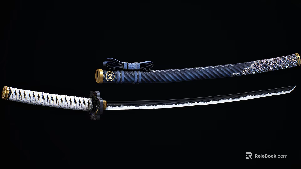 Traditional Samurai Swords With Decorative Black Blue Striped Sheath Handle And White Blade 3d model 