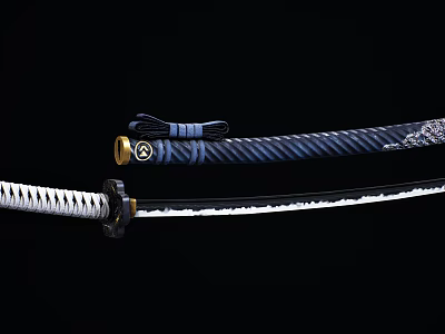 Traditional Samurai Swords With Decorative Black Blue Striped Sheath Handle And White Blade 3d model