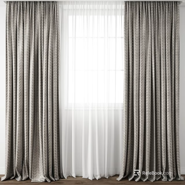 Gray Textured Thick Curtains With White Sheer Curtains For Window Decoration 3d model 