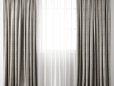 Gray Textured Thick Curtains With White Sheer Curtains For Window Decoration 3d model