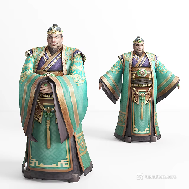 Ancient Game Movie Character In Traditional Green Gold Robe With Ornate Details 3d model 