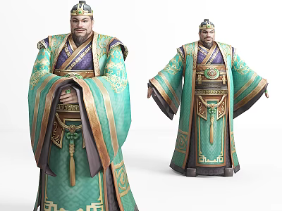 Ancient Game Movie Character In Traditional Green Gold Robe With Ornate Details 3d model
