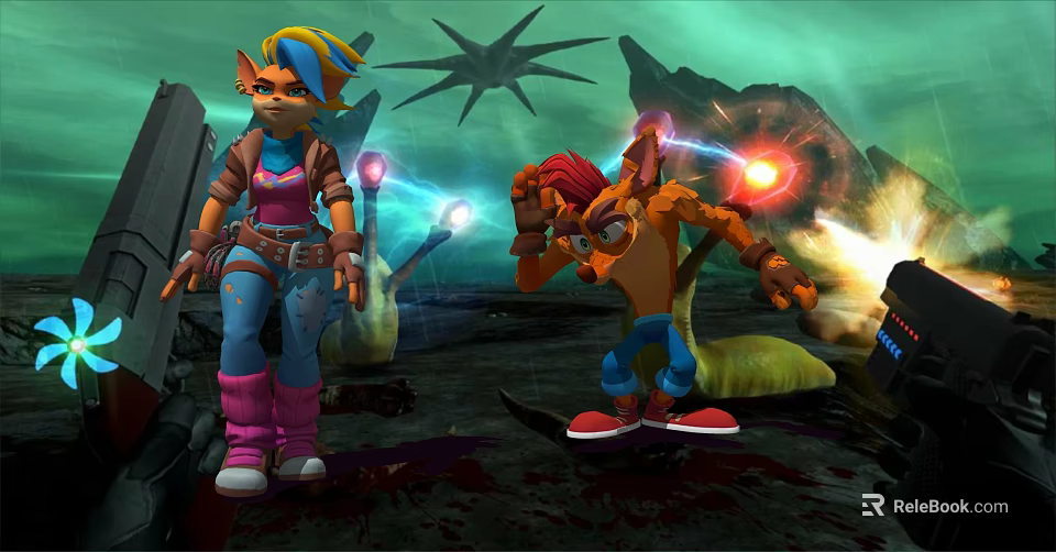 Blue Hair And Red Hair Game Characters Battling Alien Creatures In Explosive Alien Environment 3d model 