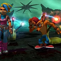Blue Hair And Red Hair Game Characters Battling Alien Creatures In Explosive Alien Environment