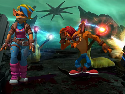 Blue Hair And Red Hair Game Characters Battling Alien Creatures In Explosive Alien Environment 3d model