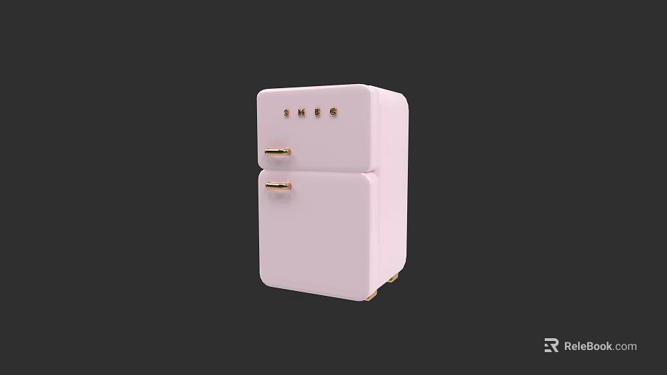 Retro Pink Kitchen Refrigerator With Gold Handles And Control Knobs 3d model 