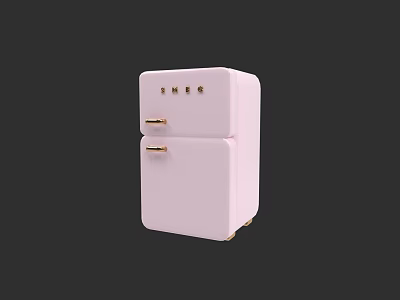 Retro Pink Kitchen Refrigerator With Gold Handles And Control Knobs 3d model