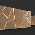 Modern Sofa Backdrop Wall Design With Wooden Geometric Patterns And Lighting 3d model
