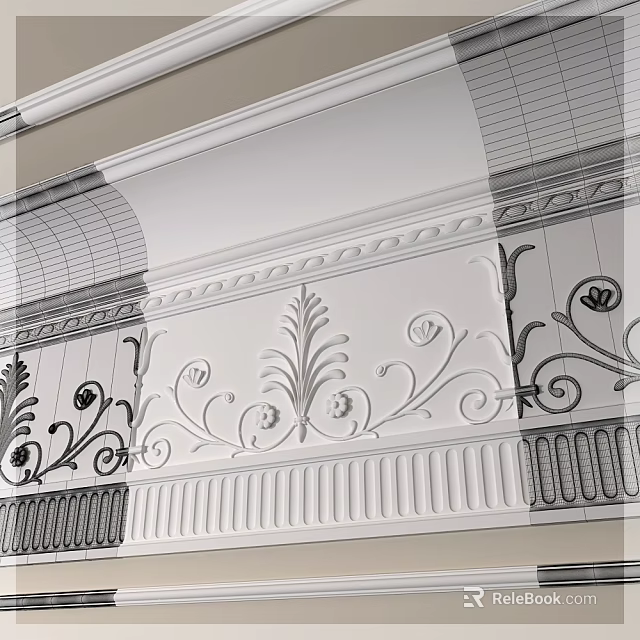 Intricate Plaster Cornice Design With Carved Floral Motifs And Scroll Patterns For Interior Decoration 3d model 