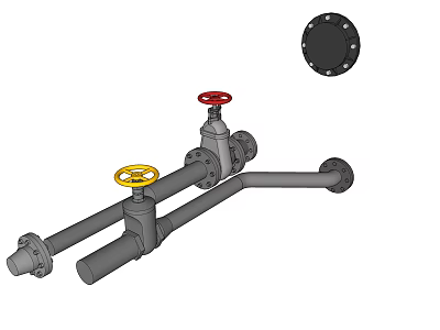 Industrial Steel Piping System with Red Yellow Valves and Black Flange Components 3d model