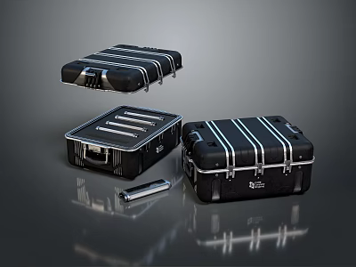 Black Hard Shell Suitcases With Silver Stripes And Metal Latches On Reflective Glossy Surface 3d model