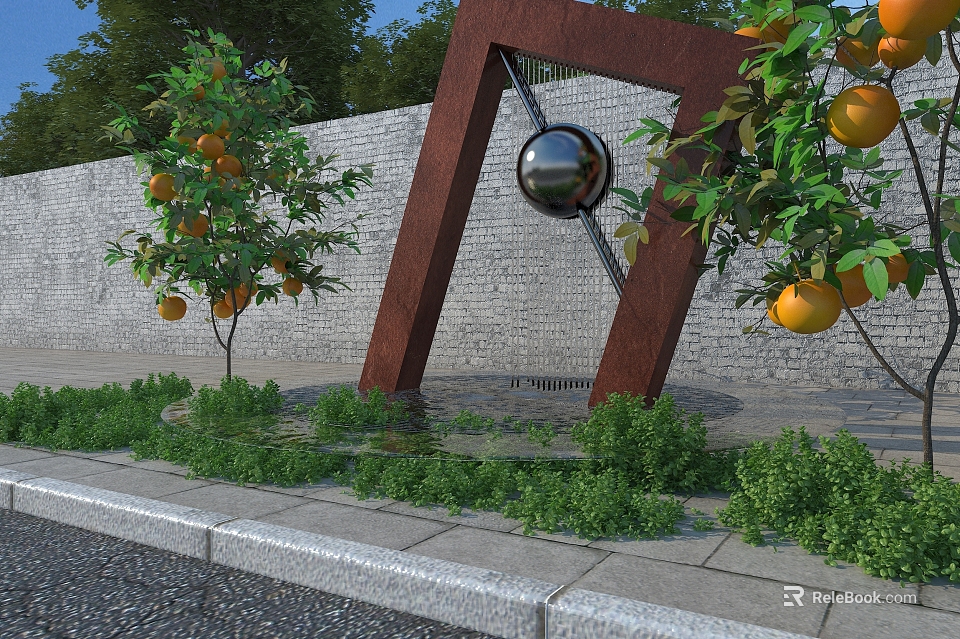 Municipal Road Green Landscape Design With Trees Bushes And Pedestrian Walkway 3d model 