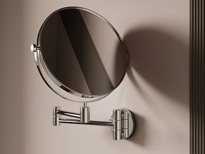 Circular Wall Mounted Mirror With Metal Stand On Light Colored Wall And Dark Stripes 3d model