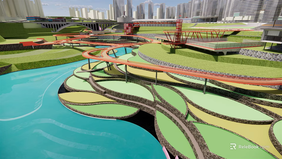Modern Residential Landscape Design With Curved Pathways Green Lawns And Water Features 3d model 
