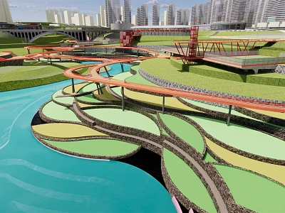 Modern Residential Landscape Design With Curved Pathways Green Lawns And Water Features 3d model