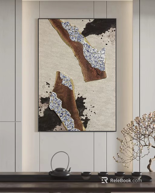 Decorative Wall Art With Wooden Elements And Blue White Patterns On Beige Background 3d model