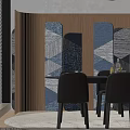 Modern Black Dining Table Set With Six Chairs On Round Rug And Wooden Wall Blinds