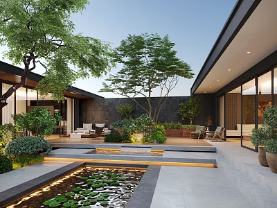 Modern Courtyard Garden Design With Pond Lily Pads Trees Shrubs And Stone Pathways 3d model