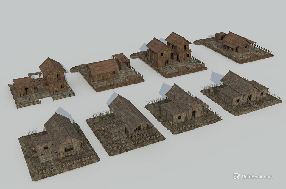 Rustic Wooden Detached House Models With Sloped Roofs And Base Platforms 3d model