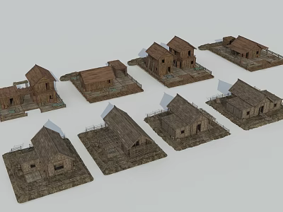 Rustic Wooden Detached House Models With Sloped Roofs And Base Platforms 3d model
