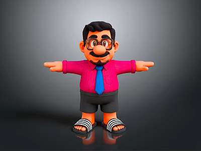 Playful Cartoon Character In Pink Shirt With Blue Tie Black Shorts And Striped Slippers 3d model