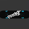 Black Skateboard With White Assassin Logo Blue Wheels And Reflective Surface 3d model