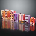 Colorful Cartoon Building Models With Various Styles And Reflections On Shiny Surface