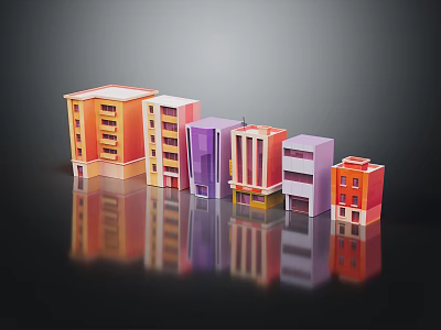 Colorful Cartoon Building Models With Various Styles And Reflections On Shiny Surface 3d model