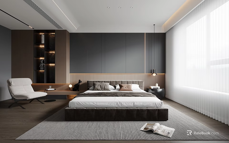 Modern Elegant Bedroom Interior With Leather Bed Frame Bedside Tables And Floor Rug 3d model 