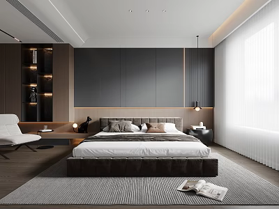 Modern Elegant Bedroom Interior With Leather Bed Frame Bedside Tables And Floor Rug 3d model