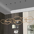 Modern Multi Ring Chandelier In Living Room With Striped Wall And Wooden Shelf