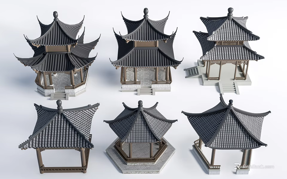 Traditional Chinese Pavilion Models With Various Styles And Intricate Roof Structures 3d model 