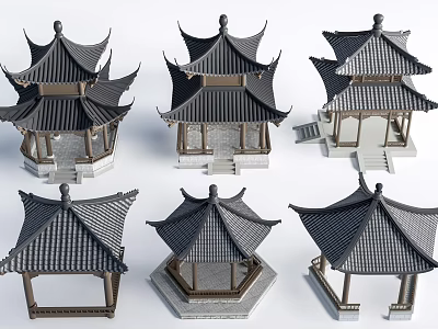 Traditional Chinese Pavilion Models With Various Styles And Intricate Roof Structures 3d model