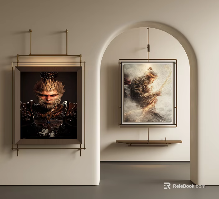 Portrait Paintings Featuring Decorative Headdress Metal Attire Long Staff Smoke Background Arched Doorway White Wall 3d model 