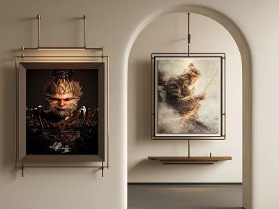 Portrait Paintings Featuring Decorative Headdress Metal Attire Long Staff Smoke Background Arched Doorway White Wall 3d model