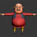 Animated Game Movie Character With Bald Head Mustache Glasses Red Shirt Blue Vest Arms Outstretched