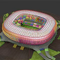 Detailed Stadium Model With Orange White Exterior Red Seats And Green Lawn