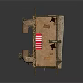 Ancient Stone Building With Arched Structure Red White Striped Awning And Wooden Crates