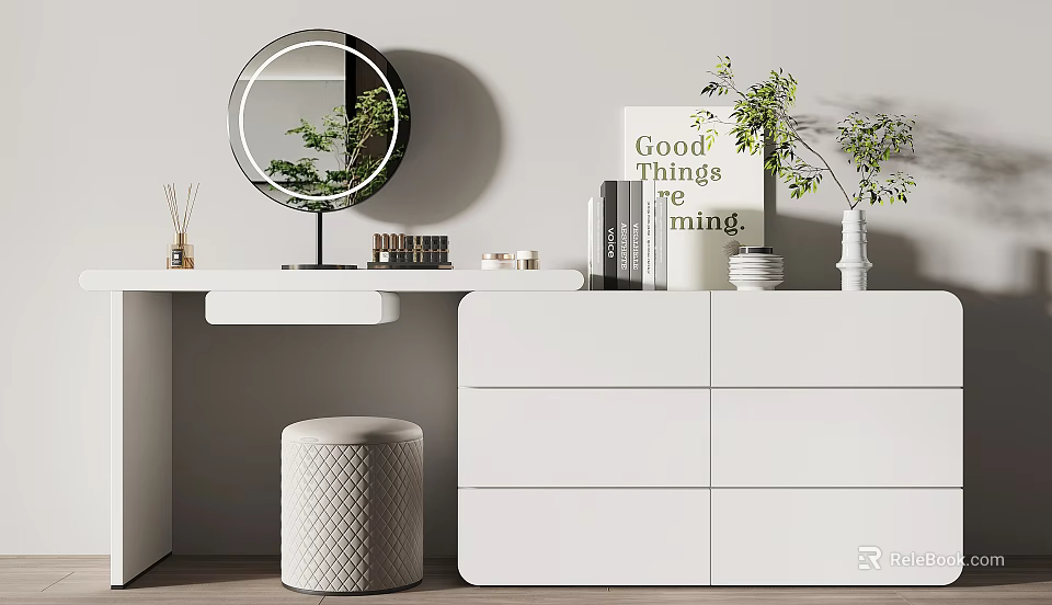 Modern White Dressing Table With Round Mirror Stool Books And Green Plant 3d model