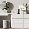 Modern White Dressing Table With Round Mirror Stool Books And Green Plant 3d model