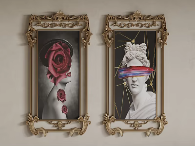 Two Ornate Gold Framed Portrait Paintings with Red Roses and Sculptural Figure with Colorful Stripes 3d model