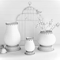Decorative Ornament Set With Birdcage Glass Vases Dried Branches Pedestal Bases On Wooden Tabletop